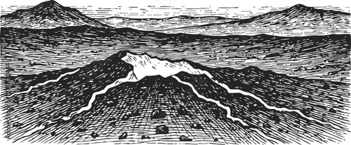 volcanic landscape illustration with erupting volcano and mountainous terrain in black and white engraving