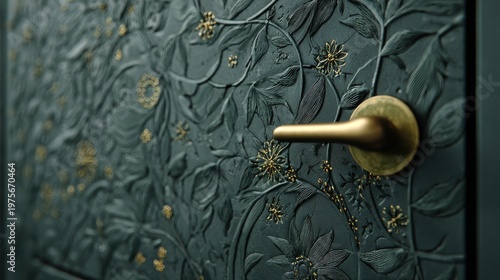 Ornate Dark Teal Door With Embossed Botanical Pattern and Brass Door Handle Dramatic Lighting Elegant Interior Design Detail Luxury Home Decor Close-up
