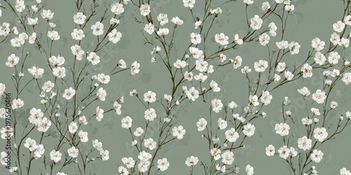 Delicate white cherry blossoms on a muted sage green background with dark branches in a repeating pattern creating a serene and natural aesthetic suitable for wallpaper or fabric design