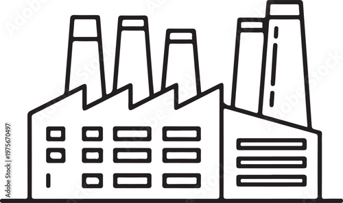 Black and white line of a factory building with multiple smokestacks and rectangular windows