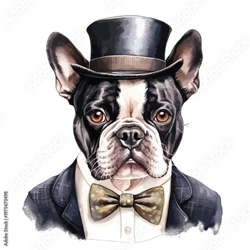 Watercolor Dapper Boston Terrier Portrait in Tuxedo and Top Hat - Elegant Pet Gentleman Vector Illustration
