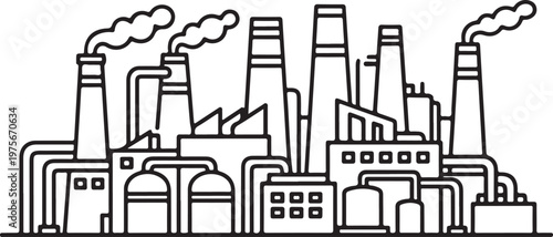 Black and white line of an industrial factory complex with smoking chimneys, storage tanks, and interconnected piping systems