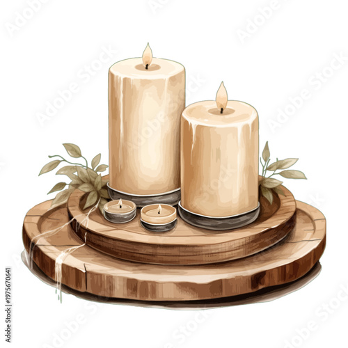Watercolor Cream Pillar and Tealight Candles on Rustic Wooden Trays with Greenery - Cozy Home Decor Vector Illustration