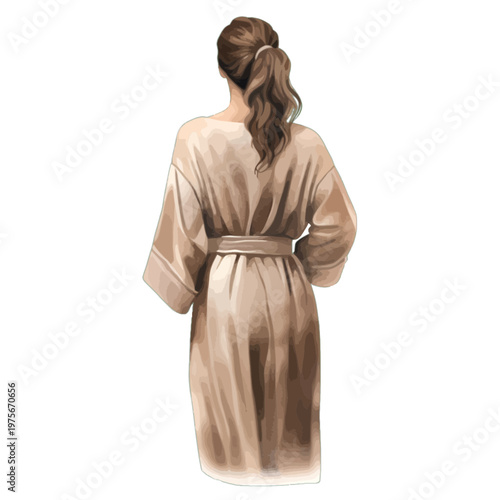 Watercolor Young Woman in Beige Silk Robe from Behind - Elegant Spa and Morning Wellness Vector Illustration