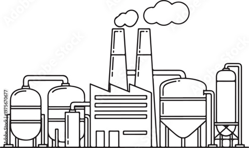 Black and white line of an industrial factory complex with storage tanks, smokestacks, and clouds of smoke