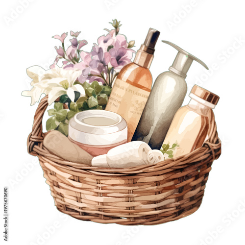 Watercolor Spa Gift Basket with Skincare Bottles Flowers and Soap in Wicker Hamper - Wellness Vector Illustration
