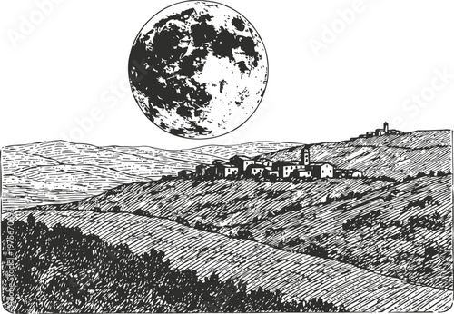 Moon shining over rural village on hilly landscape during nighttime illustration