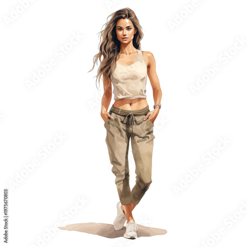 Watercolor Young Woman in Casual Crop Top and Joggers Standing with Hands in Pockets - Modern Lifestyle Vector Illustration