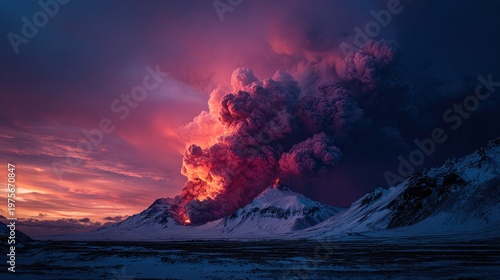 Dramatic Volcanic Eruption Under a Fiery Sunset Sky with Snow-Capped Mountains and Smoke Plumes Illuminating the Dusk Landscape