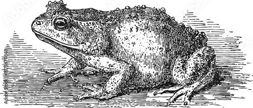 Detailed vintage illustration of a toad resting on the ground in black and white