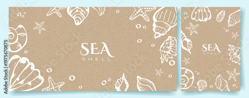 SeaShell Background Template set with Doodle Hand Drawn Sea Shell on Kraft Paper Background. Cute Elegant Seashell Wedding Birthday Invitation Greeting Card Poster. Vector Design Concept Vintage Style