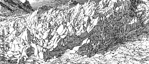 antique engraving of jagged rocky mountain cliff landscape with detailed textures and shadows