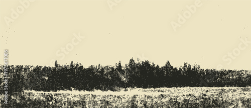 Vintage forest silhouette with dense tree line and textured grassland foreground