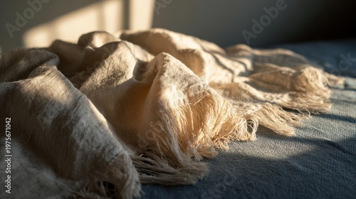 Close up of a textured woven beige throw blanket with fringe detail draped over a blue bedspread with soft golden hour sunlight casting long shadows across the fabric and highlighting its intricate