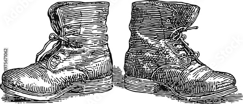 Vintage pair of worn leather boots detailed black and white sketch illustration