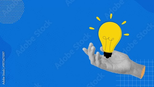 Collage banner with halftone hand holding light bulb.