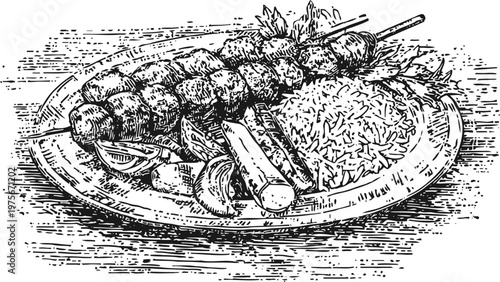 Grilled meat skewers with rice and vegetables on a plate, traditional barbecue meal