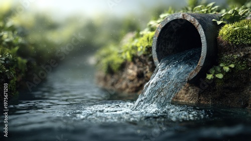 Concrete pipe discharging water into a serene natural stream surrounded by lush green mossy foliage and a soft atmospheric light creating a tranquil outdoor environment