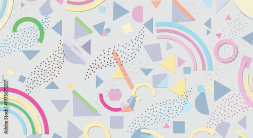 Abstract Memphis style background with pastel rainbow and geometric shapes, retro design elements