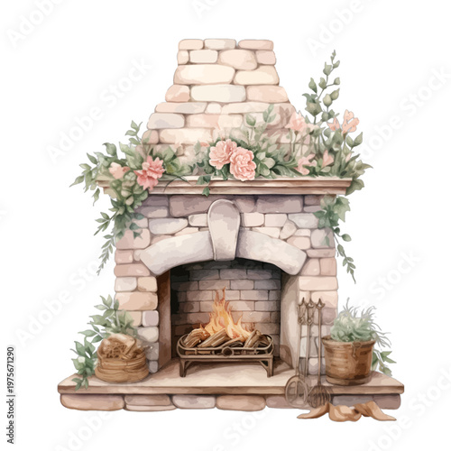 Whimsical Stone Fireplace with Burning Logs and Pink Floral Garland Illustration