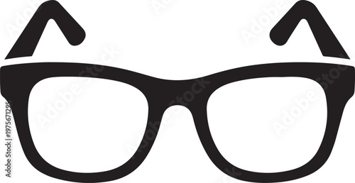 Black and white of thick-rimmed eyeglasses with temples folded upward, isolated on a white background