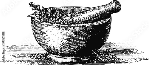 Mortar and pestle vintage engraving herbal medicine grinding tool with leaves and spices