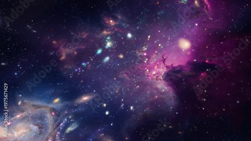 Vibrant deep space nebula with glowing stars and distant galaxies, cosmic background of a colorful swirling galaxy and interstellar gas clouds.