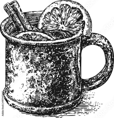 Vintage cup with hot beverage garnished with lemon slices and cinnamon sticks illustration