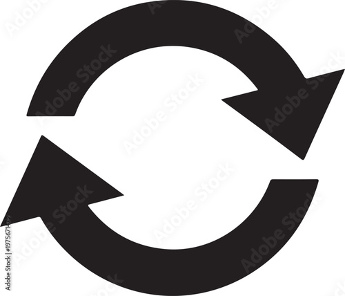 Black circular refresh featuring two curved arrows pointing in a clockwise direction on a white background