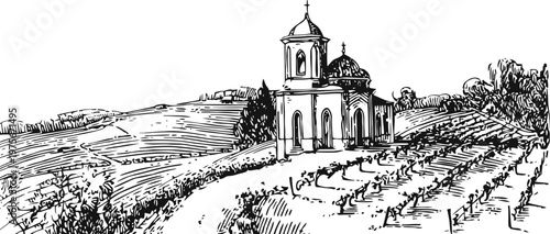 Vintage countryside vineyard with church on hill rural landscape sketch with grapevines and rustic architecture