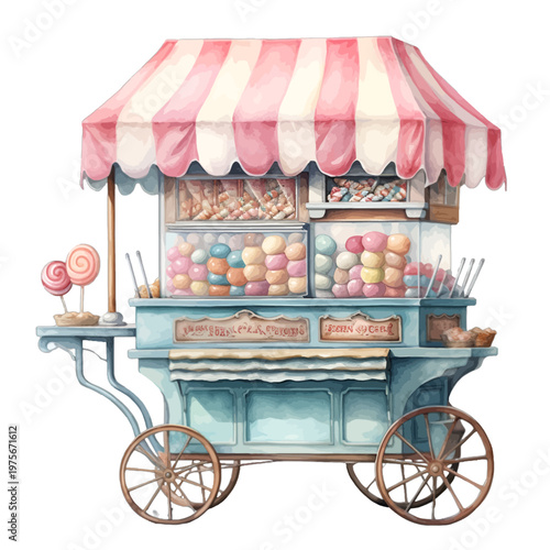 Vintage Candy Cart with Pink Striped Awning and Watercolor Sweets Illustration