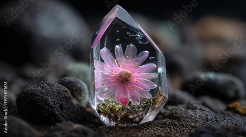 Close-up macro view of a clear quartz crystal containing a delicate pink flower and sparkling glitter on a dark sandy and rocky background with soft natural lighting creating a magical and ethereal