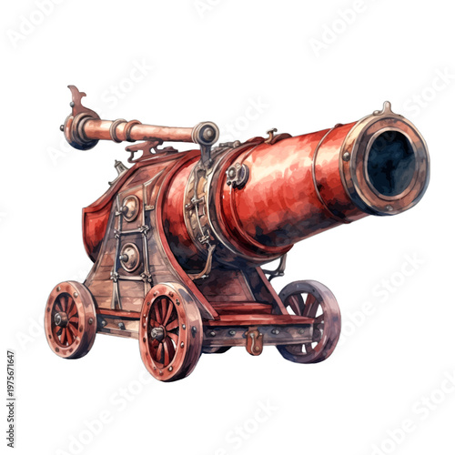 Vintage Circus Human Cannonball Red Cannon on Wheels Watercolor Illustration