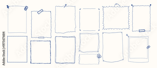 Hand drawn doodle frames set in blue ink style with sketchy note borders clips tape and decorative edges for planners scrapbooking social media posts stationery design and creative layouts.Vector