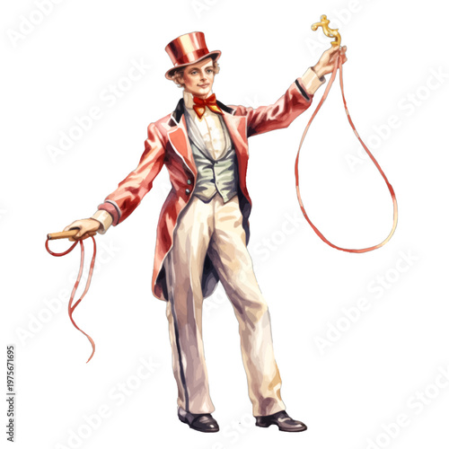 Vintage Circus Ringmaster in Red Jacket and Top Hat Holding a Whip Illustration