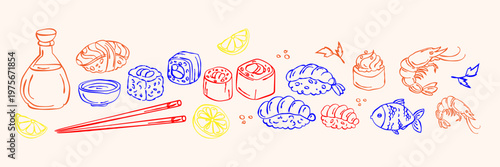 Hand drawn japanese food doodle set with sushi rolls fish shrimp soy sauce chopsticks andillustration seafood elements for menu design restaurant branding packaging and Asian cuisine projects.Vector