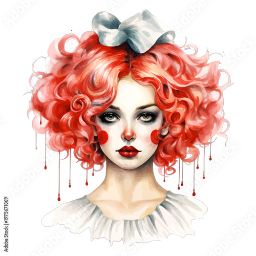 Whimsical Female Clown Portrait with Curly Red Hair and Bow Watercolor Illustration