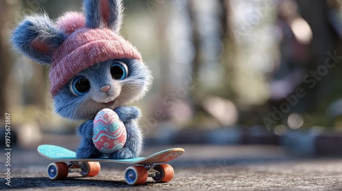 Fluffy Blue Easter Bunny Character with Pink Beanie and Festive Egg on Skateboard Outdoors with Bokeh Background in Natural Lighting