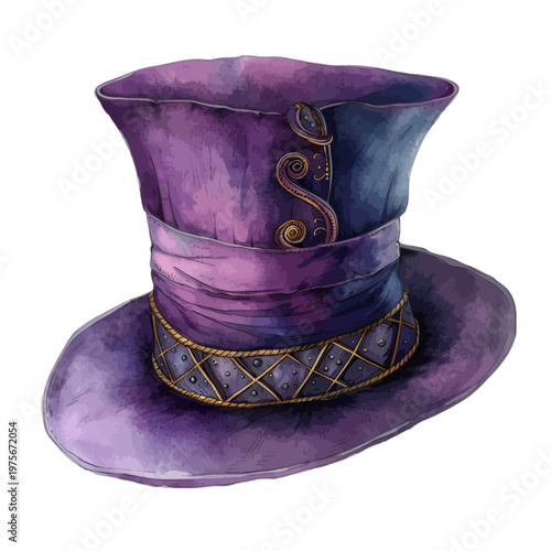 Whimsical Purple Watercolor Top Hat with Golden Ornate Details Illustration