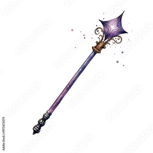 Ornate Purple Magic Staff with Glowing Star Crystal and Filigree Illustration