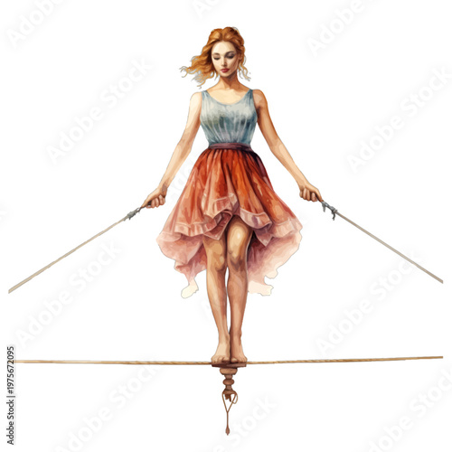 Whimsical Circus Tightrope Walker Balancing on High Wire in Watercolor Illustration