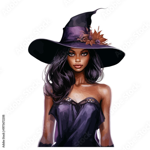 Beautiful Black Witch in Purple Pointed Hat with Autumn Leaves - Halloween Fantasy Vector Illustration