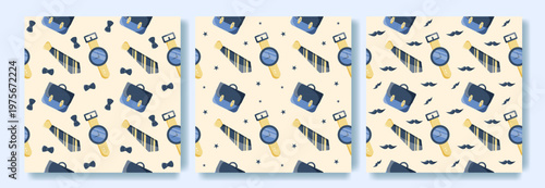 Fathers Day Seamless Pattern set in Gentleman Flat Style. Mens Background Print with Elements Watch Tie Mustache Briefcase Bow tie Stars. Blue Seamless Pattern for Fathers Day Man Dad Daddy. 
