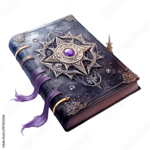 Mystical Purple Magic Spellbook with Glowing Gemstone and Ornate Silver Clasp - Fantasy Grimoire Vector Illustration