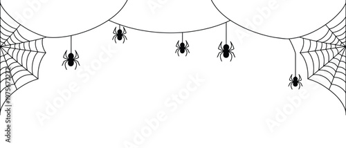 Halloween Spider Web Top Border with Hanging Spiders Spooky Decoration, vector illustration