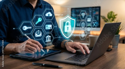 Cybersecurity Concept with Shield Lock and Detailed Digital Security Icons