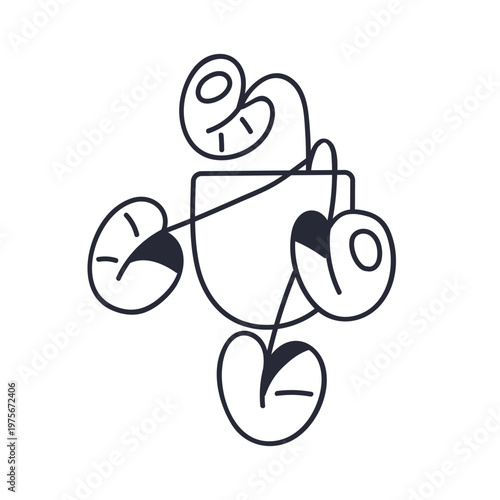 Leaf plant in pot, contour line art. Outline abstract houseplant. Home floral...