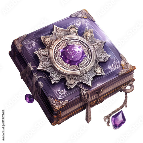 Mystical Ornate Purple Spellbook with Glowing Crystal Gemstone - Fantasy Magic Grimoire Vector Illustration
