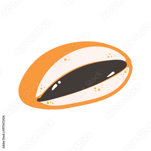 Japanese dorayaki pancake with red bean paste filling. Vector flat illustration of traditional asian sweet dessert and bakery snack isolated on white background.