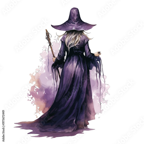 Watercolor Witch in Purple Robe and Pointed Hat with Magic Staff - Fantasy Character Vector Illustration